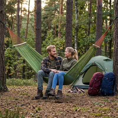 Couple assis discute sur Hamac double vert