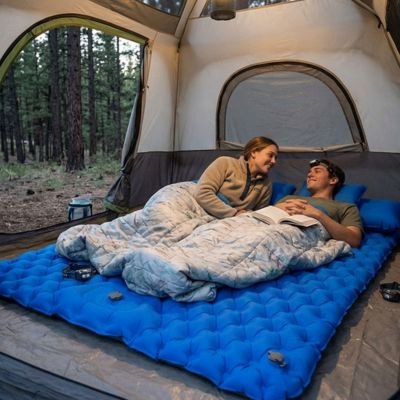 couple au levé du jour sur Matelas gonflable 2 places bleu