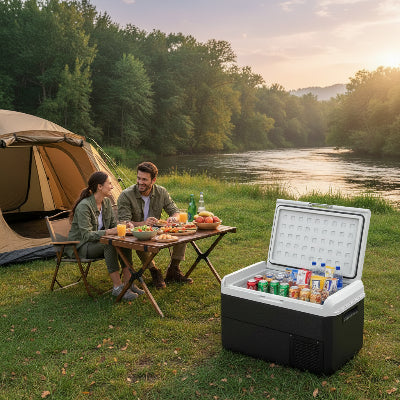 Couple au repas avec glacière électrique 50L en face d'eux 