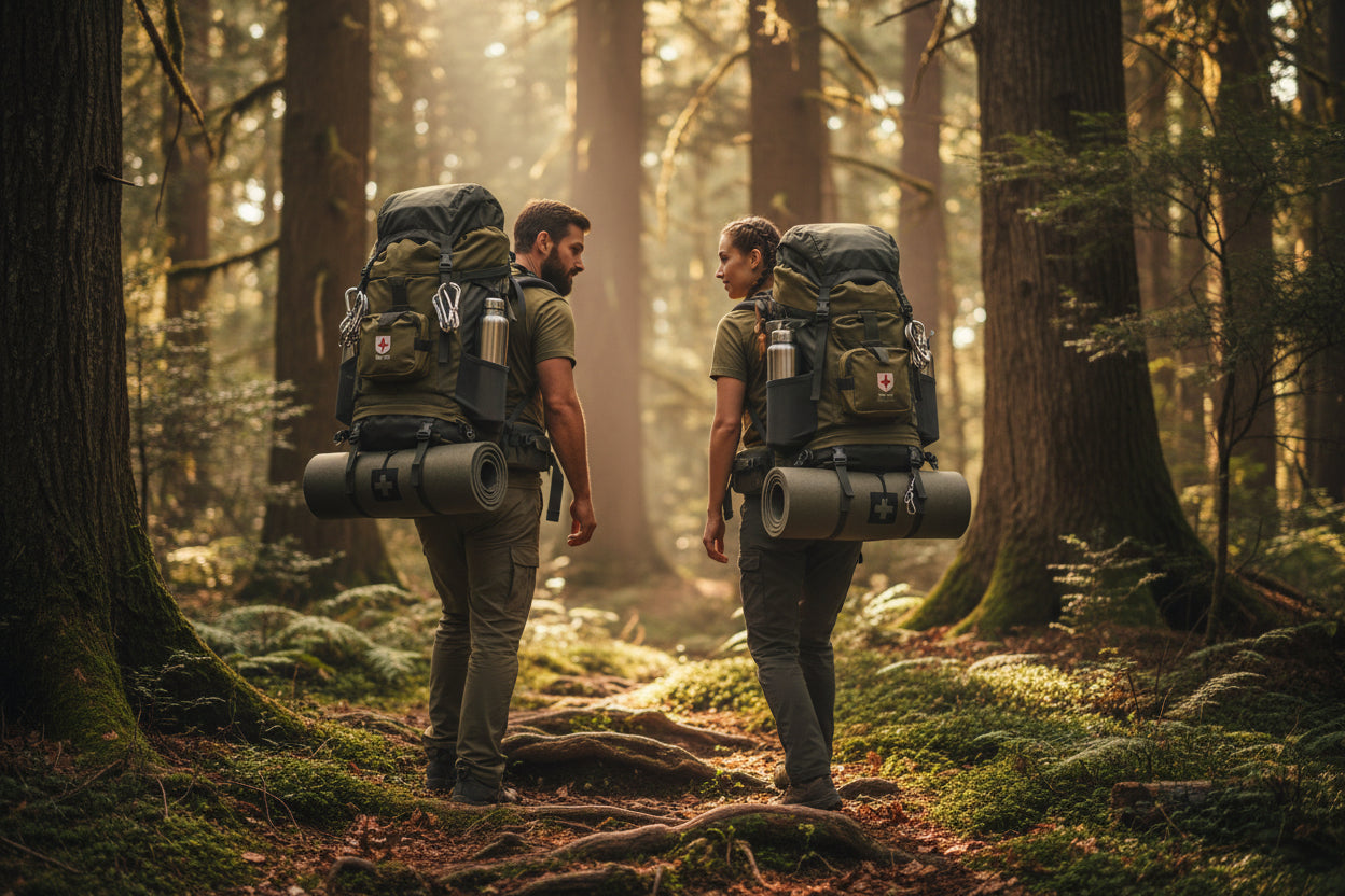 Couple avec équipement complet pour une randonnée dans la nature 