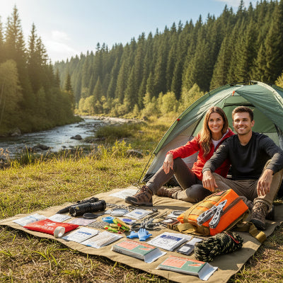 couple avec kit de survie secours en nature 
