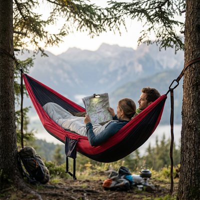 Couple dans Hamac double prépare le prochain trajet