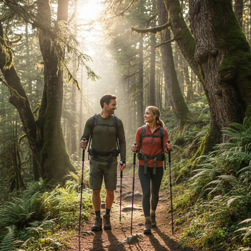 Couple dans sentiers forestier avec bâton de marche violet