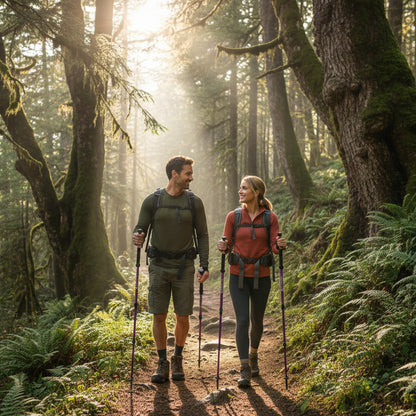 Couple dans sentiers forestier avec bâton de marche violet