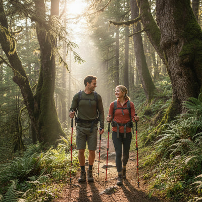 Couple dans sentiers forestier avec bâton de marche rouge
