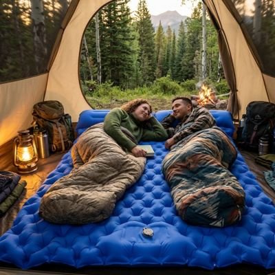 Couple dans tente sur Matelas gonflable 2 places bleu marin