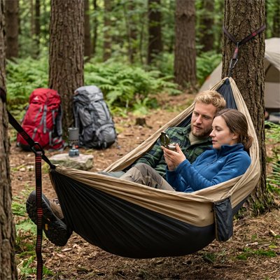 Couple en excursion dans Hamac double avec une  boussole dans main de femme