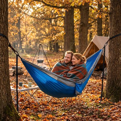Couple enroulé dans une couverture dans Hamac pour 2 personnes bleu à l'automne