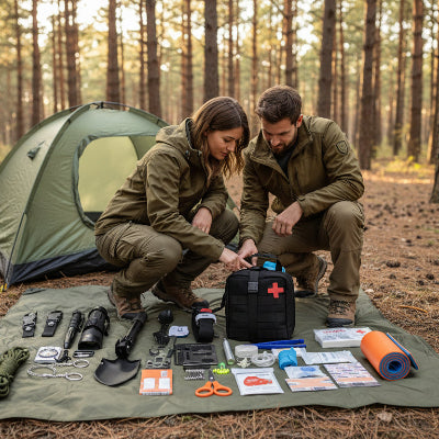 couple examinant kit de survie portable dans campement