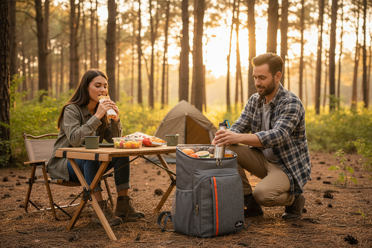 couple sortant les aliments pour repas du sac a dos isotherme