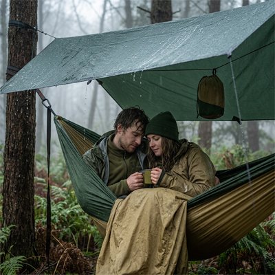 Couple sous tente de fortune assis dans Hamac pour 2 personnes vert sous la pluie 