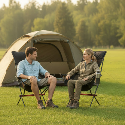 Couple sur chaise de camping planifiant leur journée