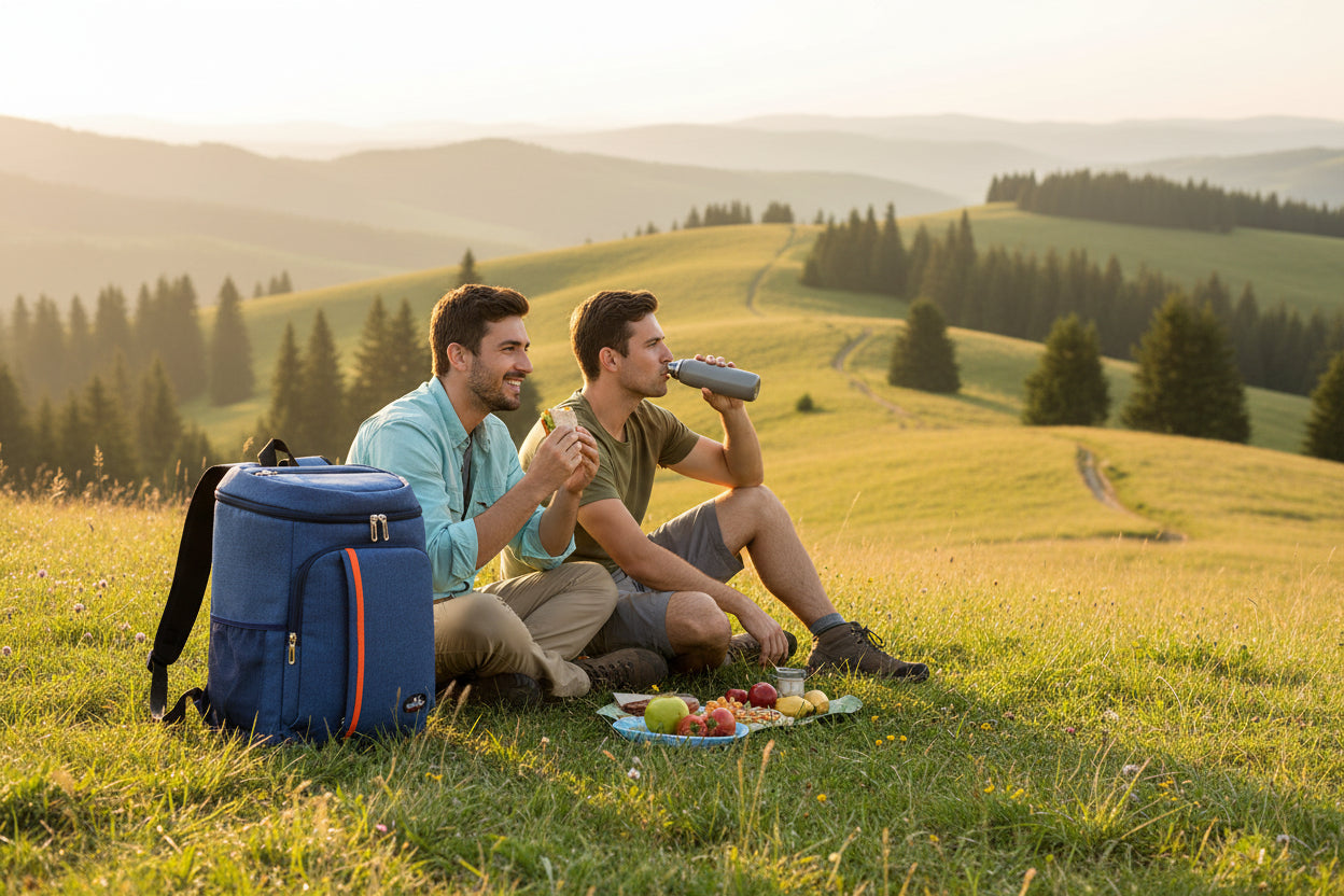deux amis partage un repas sortie du sac a dos isotherme
