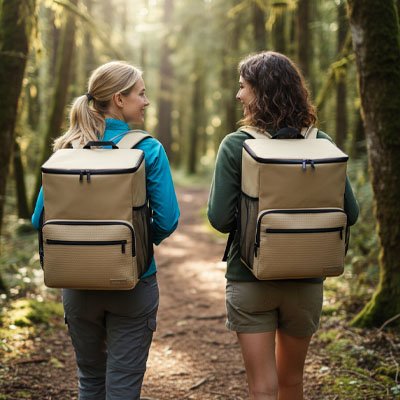 deux femme en randonnée forestier avec leur Sac à dos isotherme  beige  