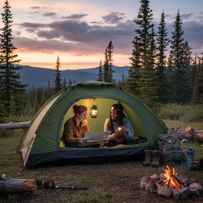 deux filles dans Tente trekking 2 places devant feux