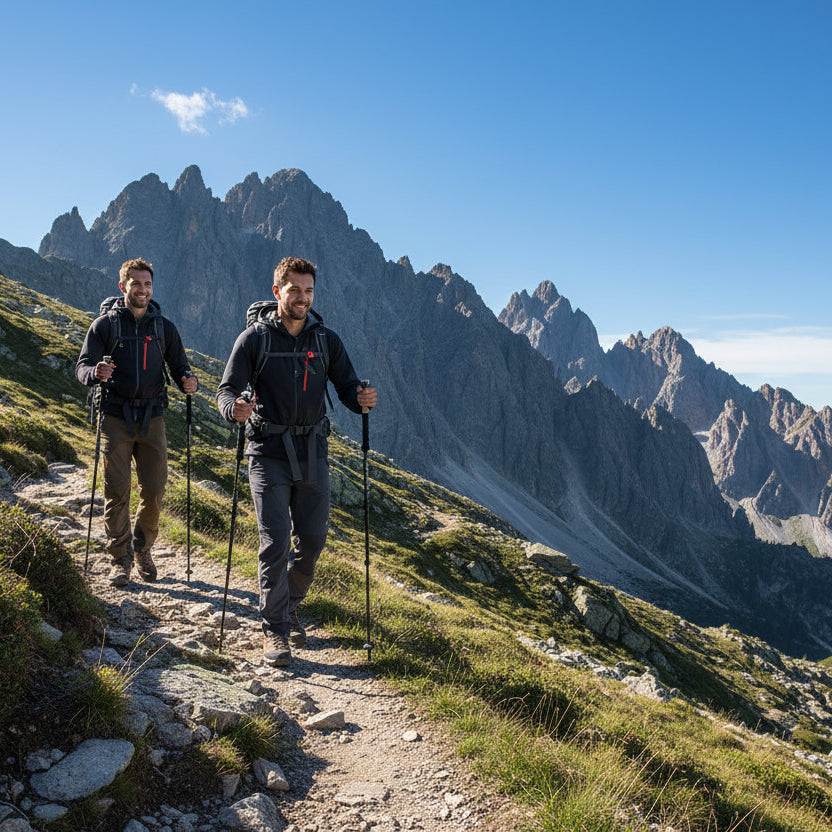 deux hommes dans sentiers montagneux avec bâton de marche noir