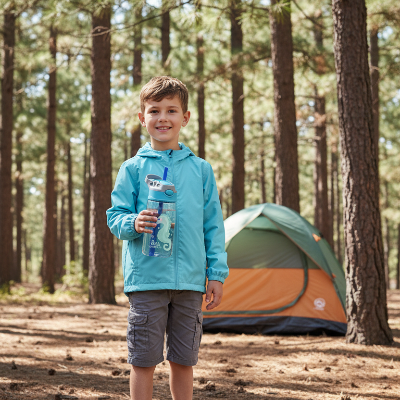 Enfant  avec gourde enfant dans sa main sur terrain de camping