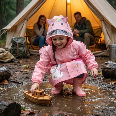enfant avec Poncho pluie joue avec son bateau 