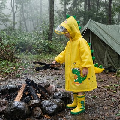 enfant près reste de feu avec Poncho pluie 