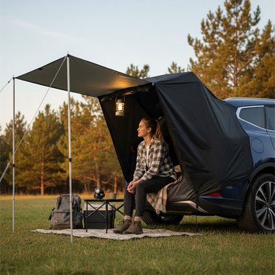 femme admire levée soleil sous Tente voiture 