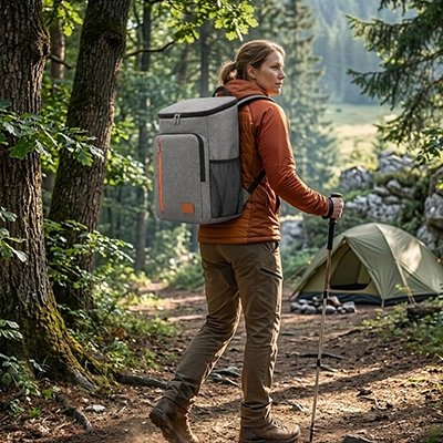 Femme arrivant à son campement avec  Sac à dos isotherme 18L