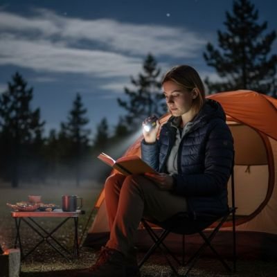Femme assise avec Lampe de poche rechargeable avec livre 