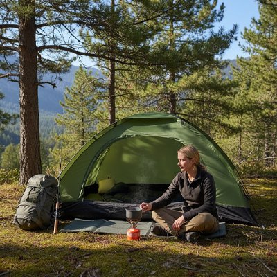 femme assise devant Tente pour bivouac 