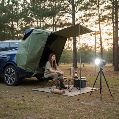 femme assise prend repas sous tente voiture 