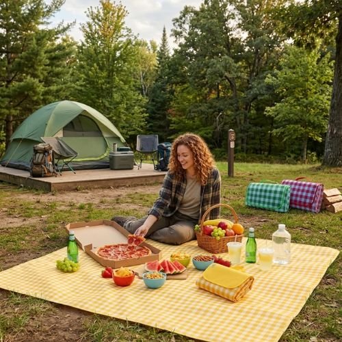 femme assise sur Tapis de sol pour camping Jaune dégustant son repas