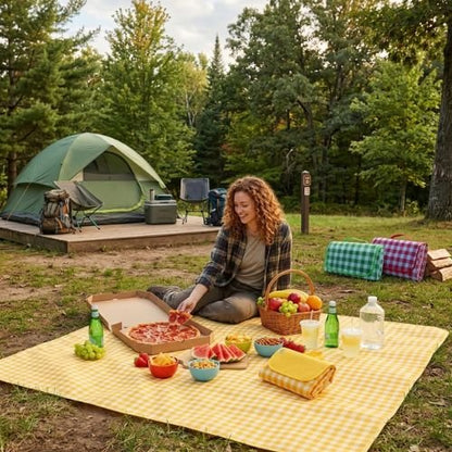 femme assise sur Tapis de sol pour camping Jaune dégustant son repas