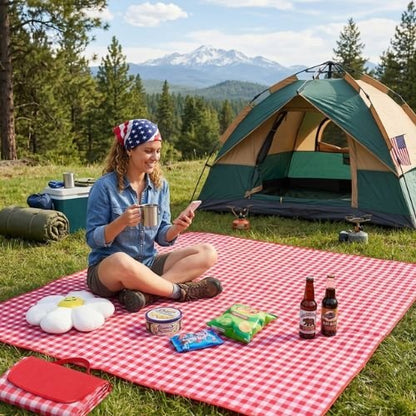 Femme assise sur Tapis de sol pour camping rouge avec son café 