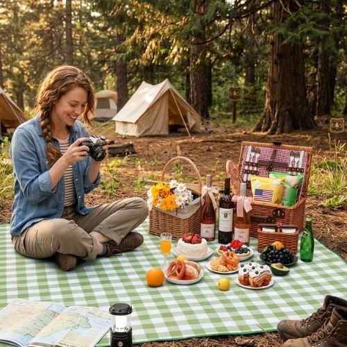 Femme assise sur Tapis de sol pour camping vert avec appareil photo en main