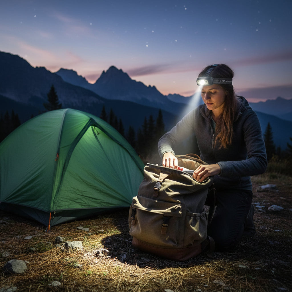 femme au campement de montagne avec lampe frontale recherche article dans son sac a dos