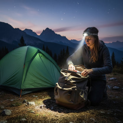 femme au campement de montagne avec lampe frontale recherche article dans son sac a dos