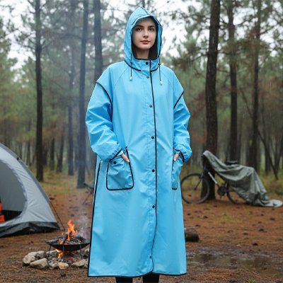 Femme au camping avec Poncho pluie bleu
