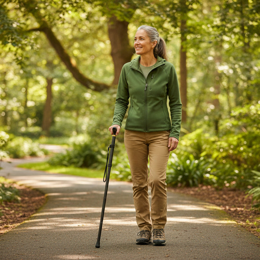 femme avec bâton de marche dans un sentier de parc