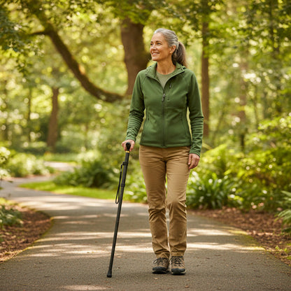 femme avec bâton de marche dans un sentier de parc
