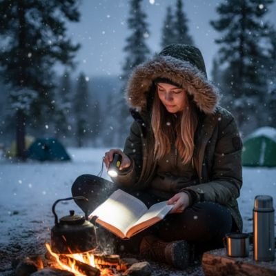 Femme avec Lampe de poche rechargeable  lecture près d'un feu