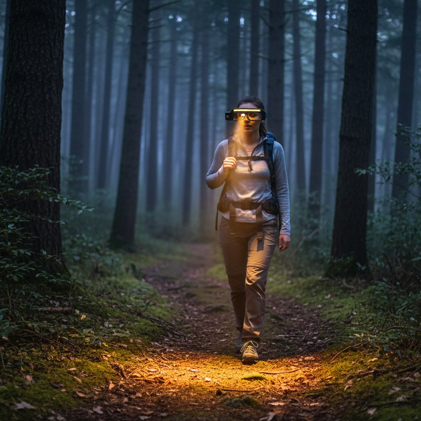femme avec lampe frontale dans un sentier le soir 