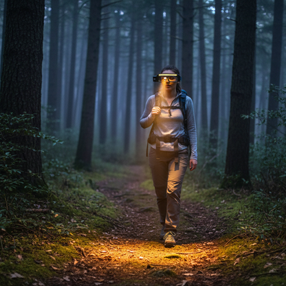 femme avec lampe frontale dans un sentier le soir 