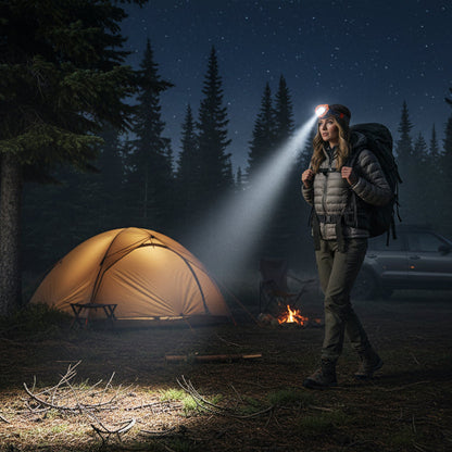 femme avec lampe frontale se déplace dans un campement