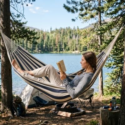 Femme avec livre dans Hamac suspendu gris