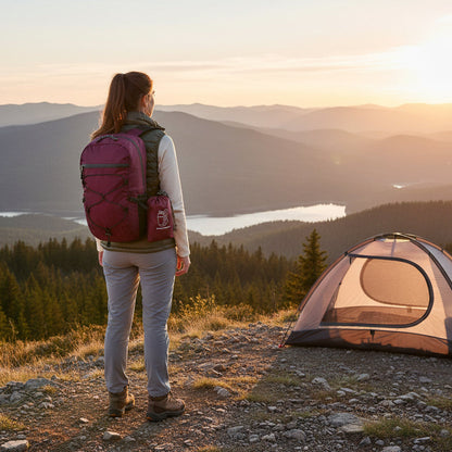 femme avec sac a dos bourgogne  arrivant au campement