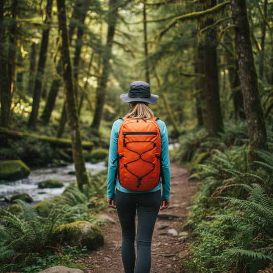 Femme avec sac a dos orange dans sentiers forestier