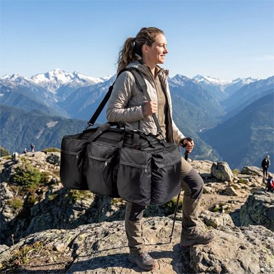 Femme avec Sac à dos pour randonnée noir sentier de montagne