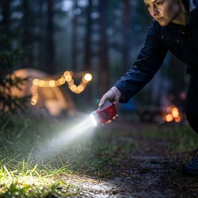 Femme cherche avec Lampe de poche dans les herbe haute 