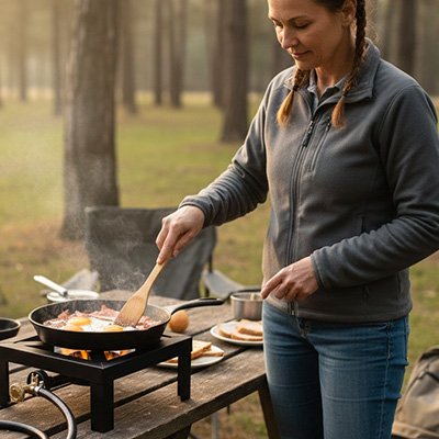 femme cuisine sur table avec Réchaud à gaz 