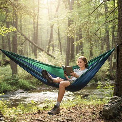 femme dans Hamac suspendu avec un bon livre