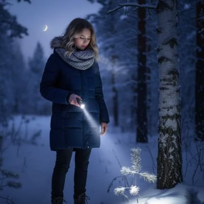 Femme dans la neige avec Lampe de poche rechargeable 