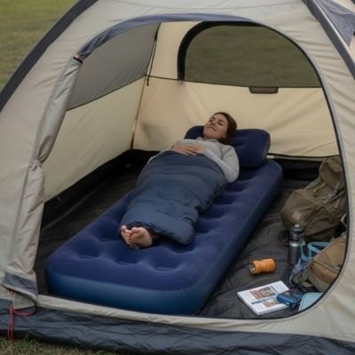 femme dans sac de couchage sur Matelas gonflable 1 personne 